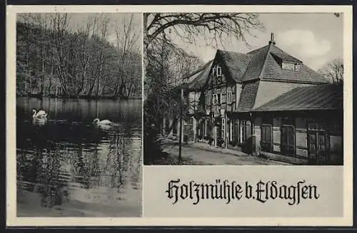 AK Eldagsen am Saupark, Gasthaus Holzmühle, Gebäudeansicht und Teich mit Schwänen