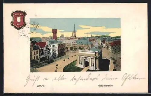 AK Wesel / Rhein, Gesamtansicht mit Berliner Tor und Türmen, Wappen