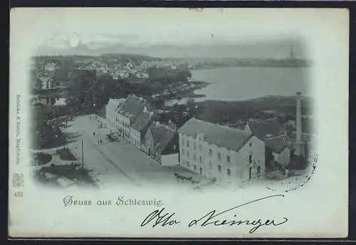 Mondschein-AK Schleswig, Blick auf Stadt und Wasserlandschaft