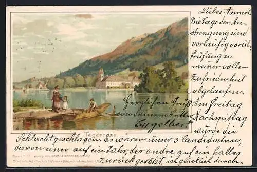 Künstler-AK Tegernsee, Seeansicht mit Boot und Schloss