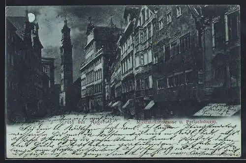 Mondschein-AK Augsburg, Maximilianstrasse und Perlachturm bei Nacht