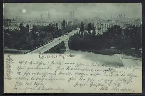 Mondschein-AK München, Brückenansicht bei Nacht
