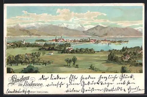 Künstler-AK Lindau / Bodensee, Blick auf die Insel im Bodensee