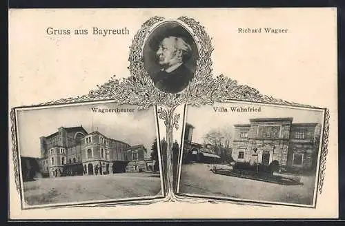 AK Bayreuth, Wagner-Theater und Villa Wahnfried, Portrait Richard Wagner