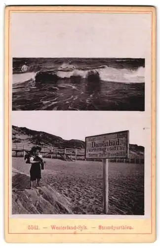 Fotografie unbekannter Fotograf, Ansicht Westerland, Strandparthie mit Hinweisschild Damenbad Herren Zutritt verboten