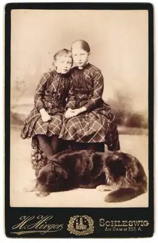 Fotografie H. Higer, Schleswig, zwei Schwestern in karierten Kleidern mit ihrem schwarzen Hund zu Füssen