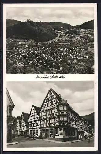 AK Annweiler, Ortspartie mit Geschäften, Blick auf den Ort