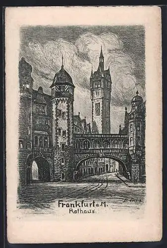 Künstler-AK Alt-Frankfurt, Strassenpartie am Rathaus
