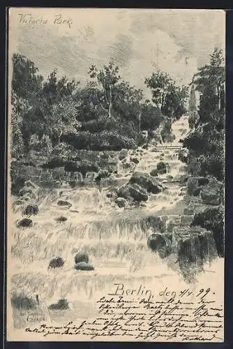 Künstler-AK Berlin-Kreuzberg, Wasserfall im Victoria Park