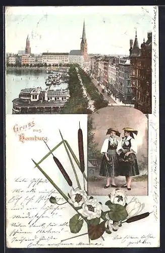 AK Hamburg-Neustadt, Jungfernstieg mit Uferpromenade, Zwei Mädchen mit Blumenkorb