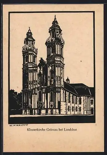 Künstler-AK Grüssau bei Landeshut, Blick auf die Klosterkirche