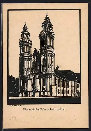 Künstler-AK Grüssau, Blick zur Klosterkirche
