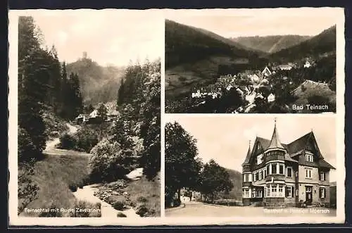 AK Bad Teinach, Gasthof-Pension Moersch, Teinachtal mit Fluss u. Ruine Zavelstein, Ortsansicht