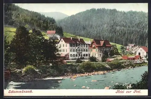 AK Schönmünzach, Hotel zur Post mit Fluss aus der Vogelschau