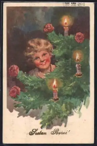 Künstler-AK Karl Feiertag: Kind hinter einem geschmückten Weihnachtsbaum