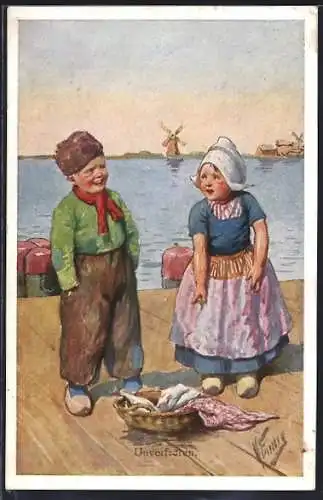 Künstler-AK Karl Feiertag: Holländische Kinder mit einem Fischkorb, Unverfroren