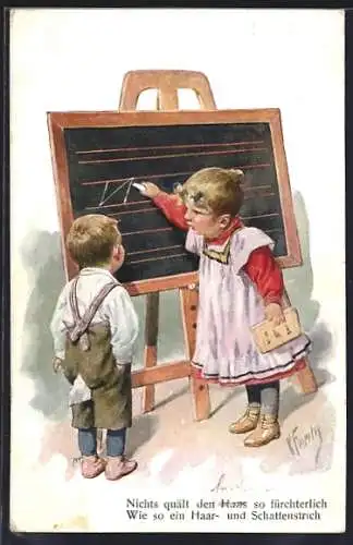 Künstler-AK Karl Feiertag: Mädchen und Junge bei einer Kreidetafel