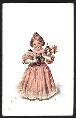 Künstler-AK Karl Feiertag: Glückwunsch zum Geburtstage!, Kleine Dame mit Rosen