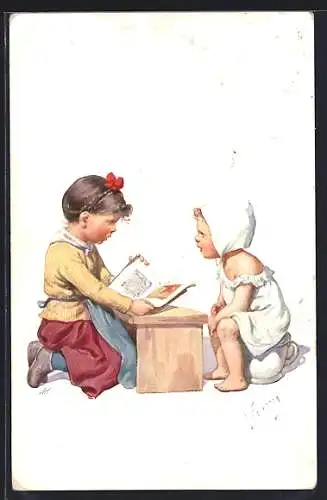 Künstler-AK Karl Feiertag: Mädchen und Kleinkind mit Buch