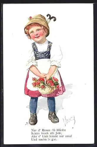 Künstler-AK Karl Feiertag: Kleines Mädchen in Tracht mit Blumenkorb