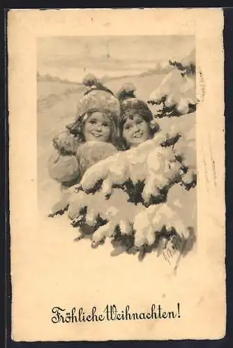 Künstler-AK Karl Feiertag: Kinder in Winterkleidung im Schnee, Fröhliche Weihnachten