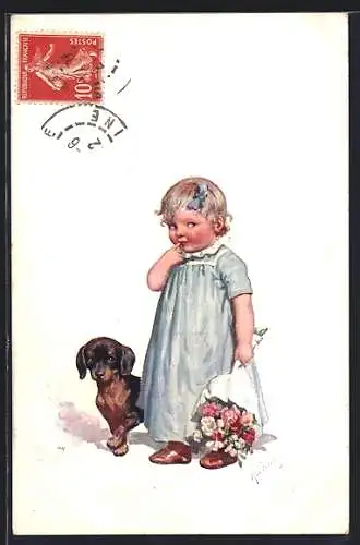Künstler-AK Karl Feiertag: Kind mit Blumenstrauss und Dackel