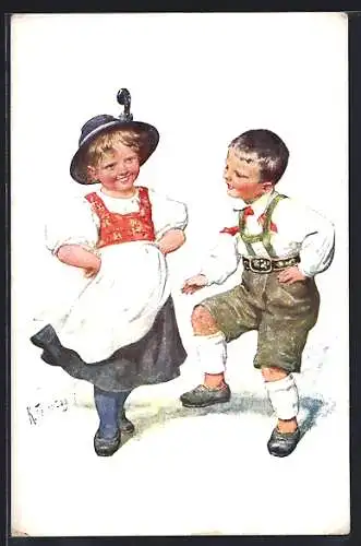 Künstler-AK Karl Feiertag: Junges Paar in bayrischer Tracht tanzt