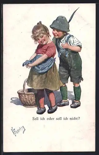 Künstler-AK Karl Feiertag: Junge schäkert mit Mädchen herum