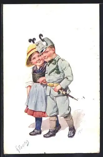 Künstler-AK Karl Feiertag: Mädchen mit Junge in Soldatenuniform