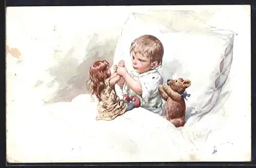 Künstler-AK Karl Feiertag: Hände hoch, Kind im Bett spielt mit Puppe und Teddy