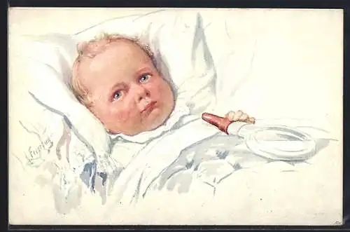 Künstler-AK Karl Feiertag: Baby mit Milchflasche im Bett