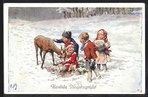 Künstler-AK Karl Feiertag: Herzliche Neujahrsgrüsse, Kinder mit Reh im Schnee