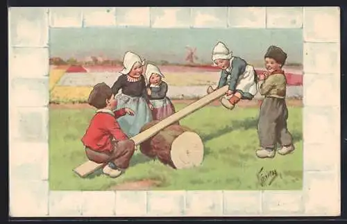 Künstler-AK Karl Feiertag: Kinder spielen auf einer Wippe