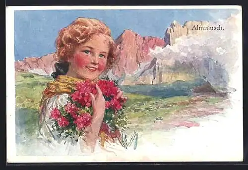 Künstler-AK Karl Feiertag: Dame in Tracht mit Blumenstrauss im Gebirge, Geburtstag