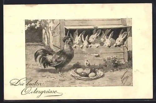 Künstler-AK Karl Feiertag: Hasen gucken aus dem Hühnerstall, Ostergrüsse