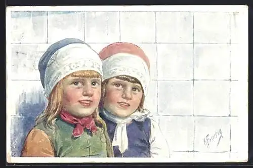 Künstler-AK Karl Feiertag: Zwei Kinder mit Mützen
