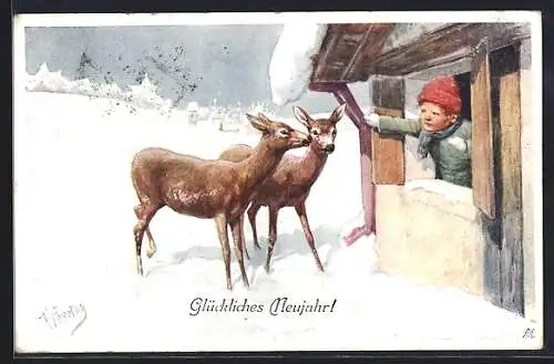 Künstler-AK Karl Feiertag: Zwei Rehe gucken zu einem Kind im Fenster