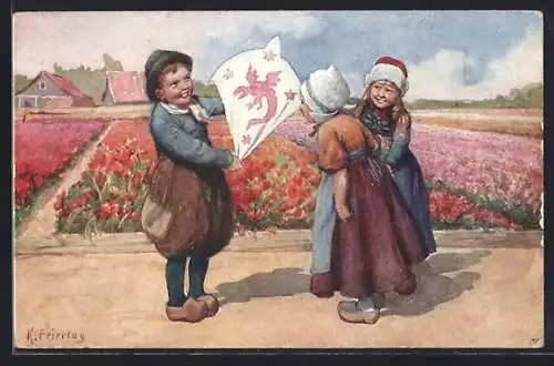 Künstler-AK Karl Feiertag: Holländische Kinder in Holzschuhen am Blumenbeet