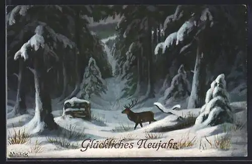 Künstler-AK Alfred Mailick: Waldpartie mit Hirsch im Winter, Neujahrsgruss