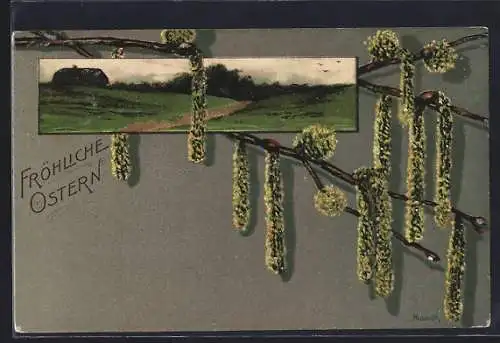 Künstler-AK Alfred Mailick: Frühlingsidylle mit Haus, Birkentroddeln, Ostergruss
