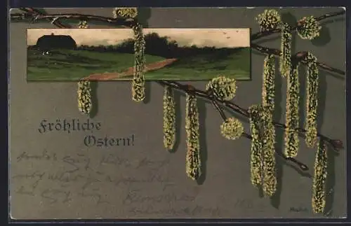 AK Fröhliche Ostern, Frühlingslandschaft in Passepartout mit Weidenzweig