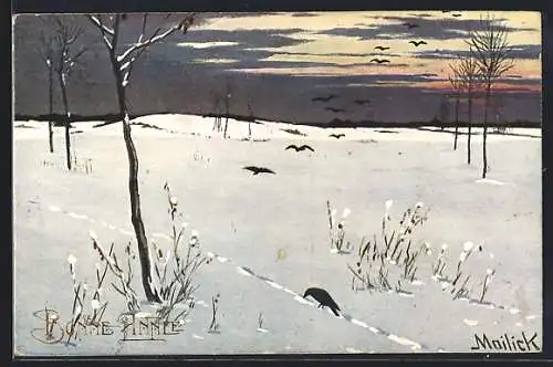 Künstler-AK Alfred Mailick: Krähen auf einem verschneiten Feld, Neujahrsgruss