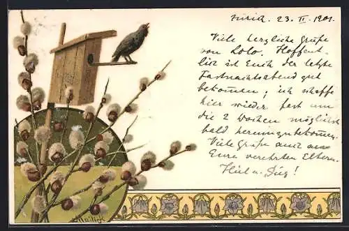 Künstler-AK Alfred Mailick: Singender Vogel vor Nistkasten, Weidenkätzchen