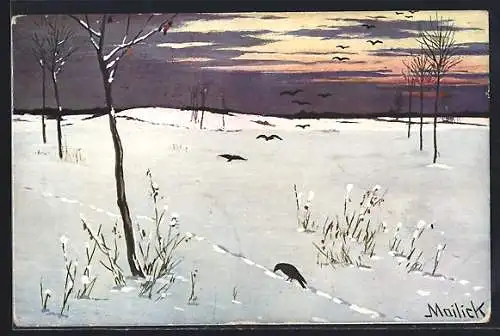 Künstler-AK Alfred Mailick: Krähen auf einem Schneeefeld am Abend