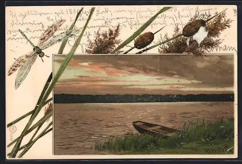 Künstler-AK Alfred Mailick: Uferpartie mit Boot & Libelle