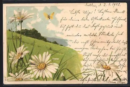 Künstler-AK Alfred Mailick: Wiese mit Blumen und Schmetterling