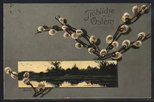 Künstler-AK Alfred Mailick: Weidenkätzchenzweige, Haus am See, Ostern