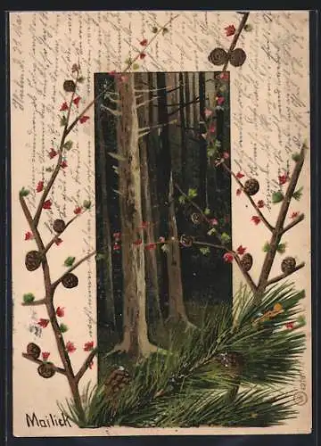Künstler-AK Alfred Mailick: Kieferzweig, blühende Zweige mit Zapfen und Wald