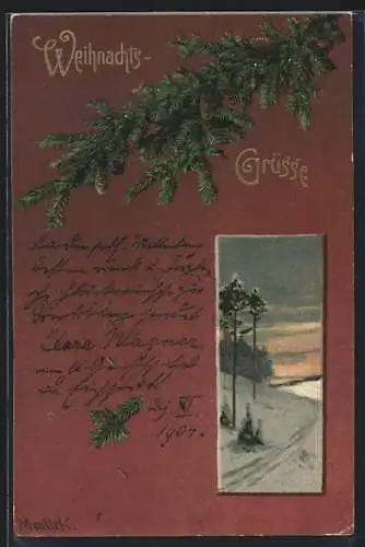 Künstler-AK Alfred Mailick: Schneelandschaft, Tannenzweig, Weihnachtsgruss