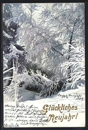 Künstler-AK Alfred Mailick: Waldpartie im Schnee, Neujahrsgruss